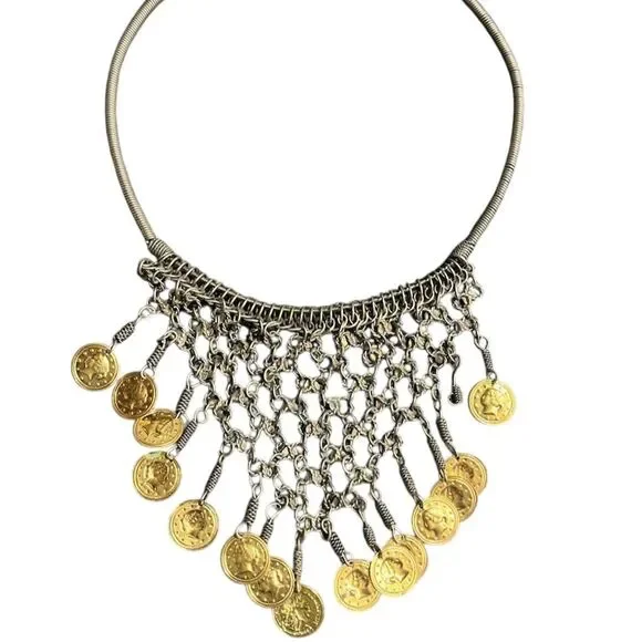 Vintage Gold Tone Coin Bib Necklace Boho Adjustable Special Occasion - Picture 1 of 4